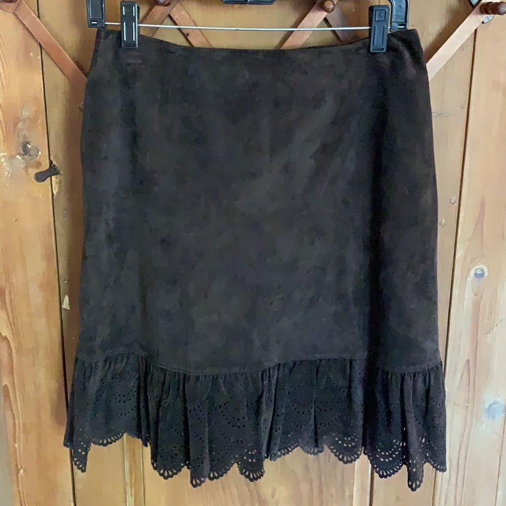 Elevenses anthropologie brown leather cut-out ruffled skirt